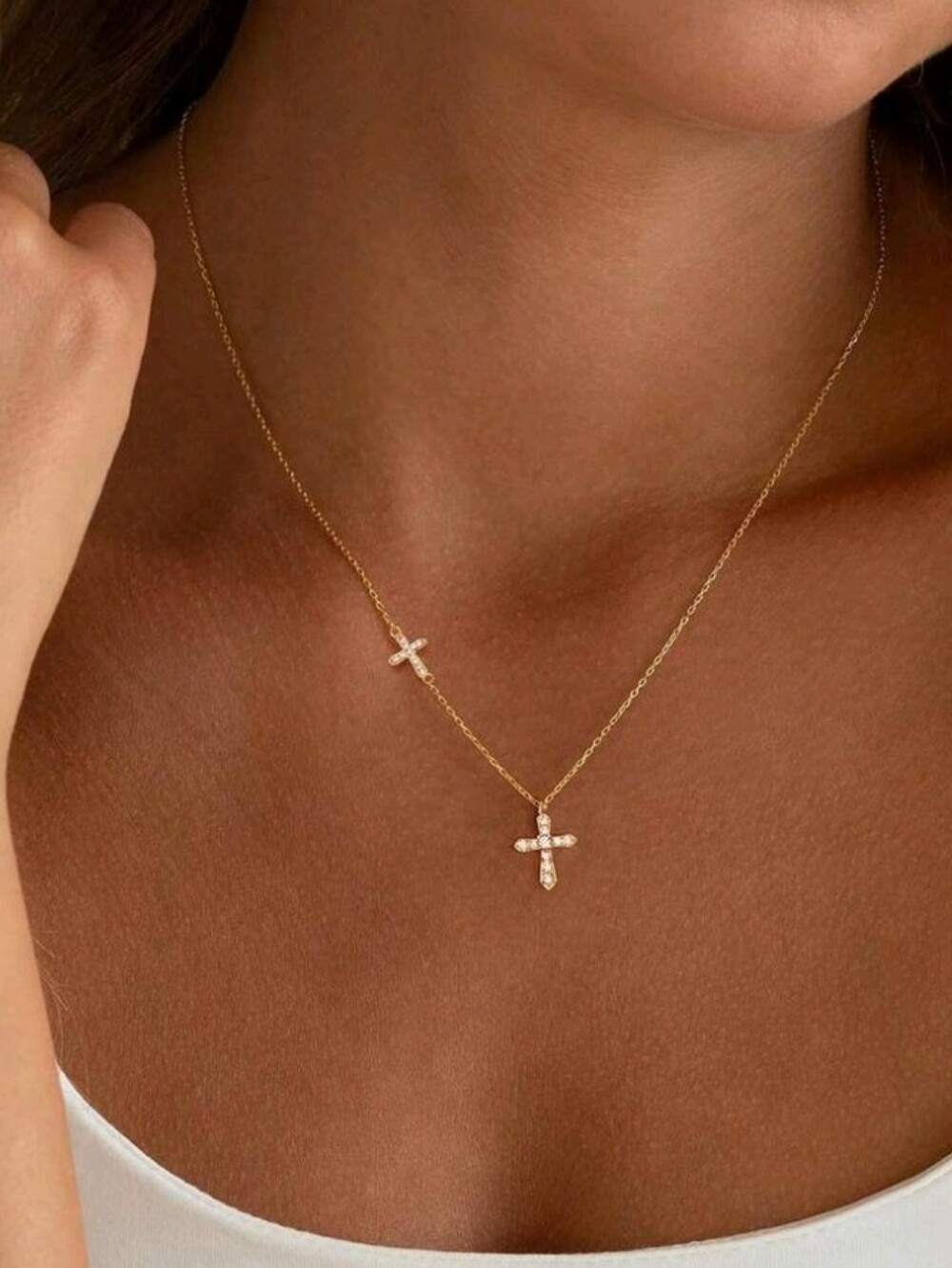 NEW! 18K Gold Plated Petite CZ Cross Pendant Layered Necklace - Women Jewelry
